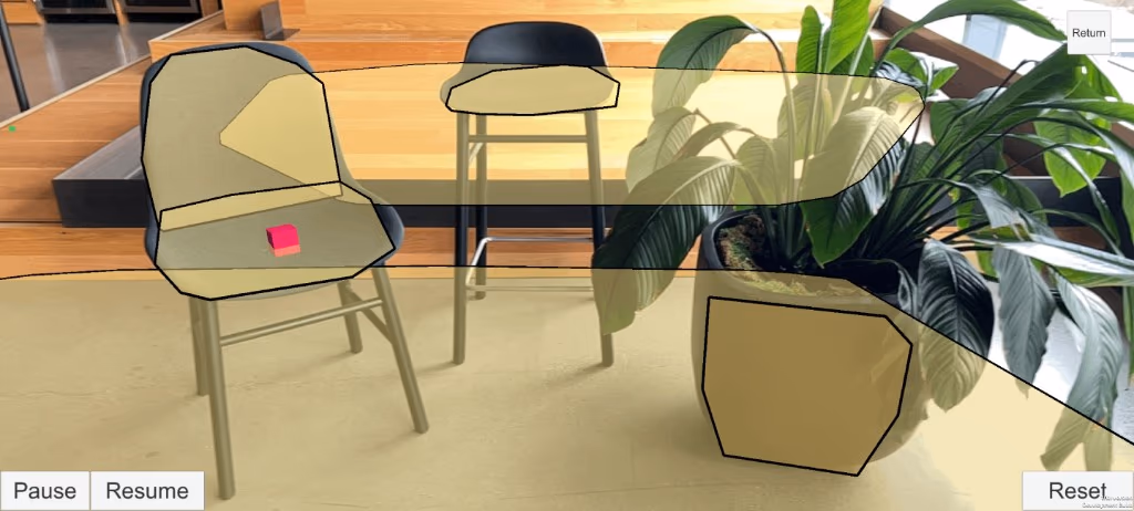Unity AR Foundation: a development view detecting planes and meshes by scanning chairs and a plant pot