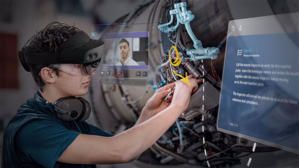 A manufacturing / industrial AR (IAR) case: a worker wearing Microsoft HoloLens 2 follows holographic inspection steps with remote assistance on an engine
