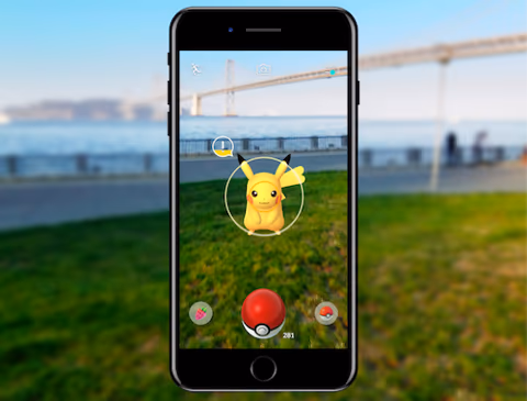 A representative AR app, Pokemon GO, showing Pikachu appearing in the real world on a smartphone