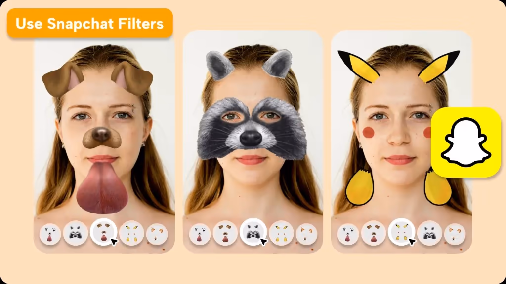 A familiar AR example: Snapchat face filters overlaying dog, raccoon, and Pikachu ears and makeup onto a real face