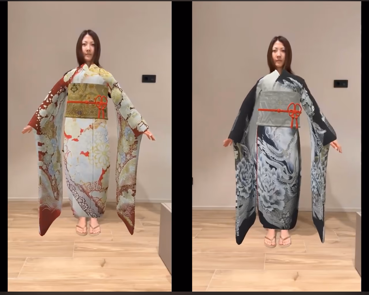 A WebAR example: trying on traditional kimono (Tokamachi Yuzen) with no app, using body-tracking AR in two color variations