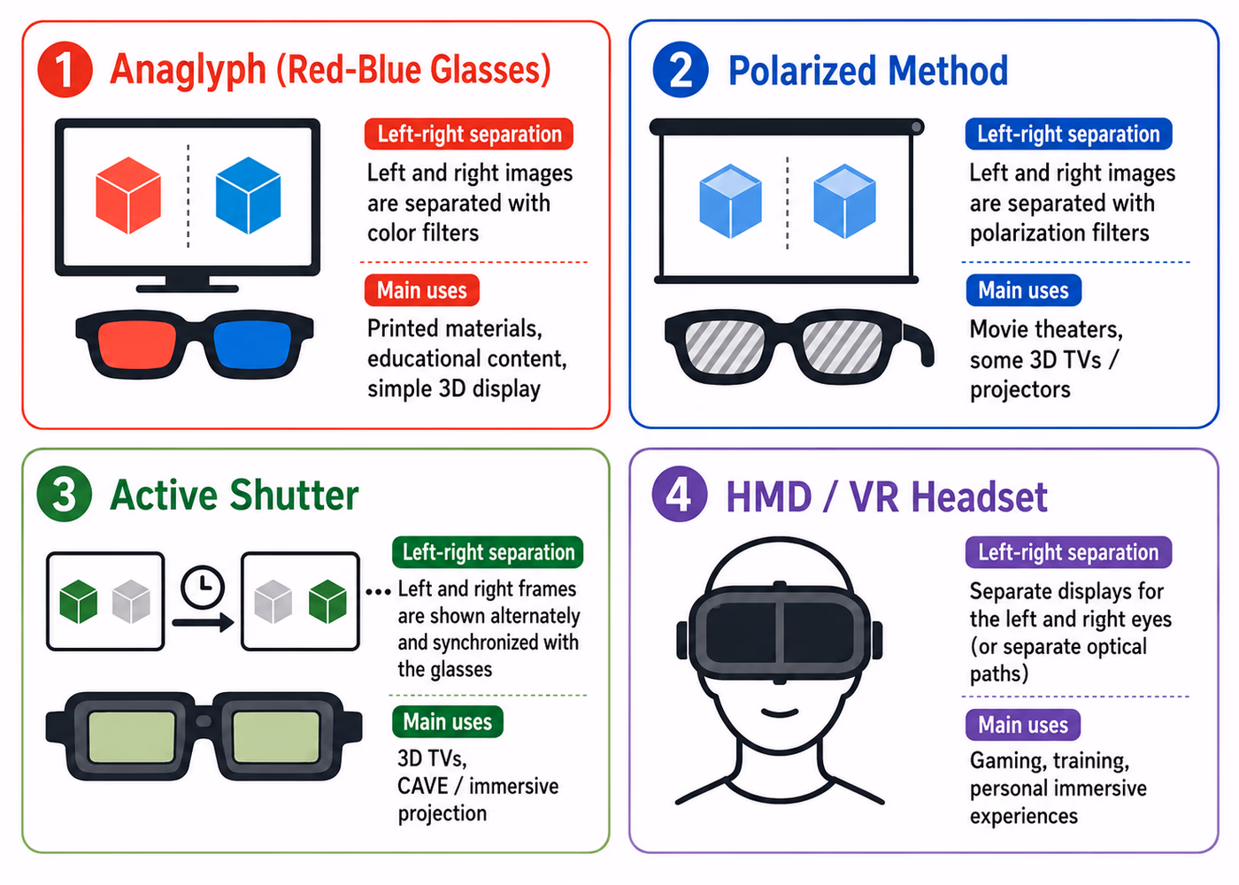 Four stereoscopic display methods: anaglyph, polarized, active shutter, and HMD / VR headset, with how left and right images are separated and typical uses
