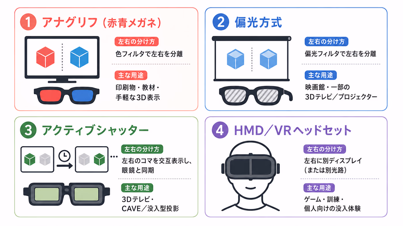 立体表示の4方式：アナグリフ、偏光方式、アクティブシャッター、HMD／VRヘッドセット。左右の分け方と主な用途