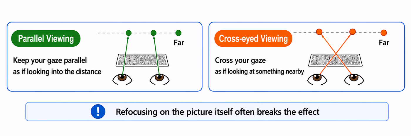 How to view a stereogram: parallel method (gaze into the distance) versus cross-eyed method (converge the eyes), with a tip not to refocus on the picture itself