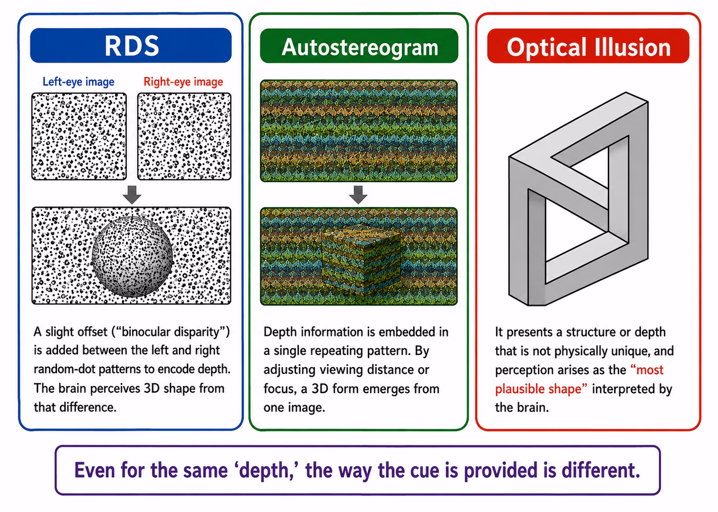 Comparison of random-dot stereogram (RDS), autostereogram, and trick art / impossible figure as different ways of presenting depth cues